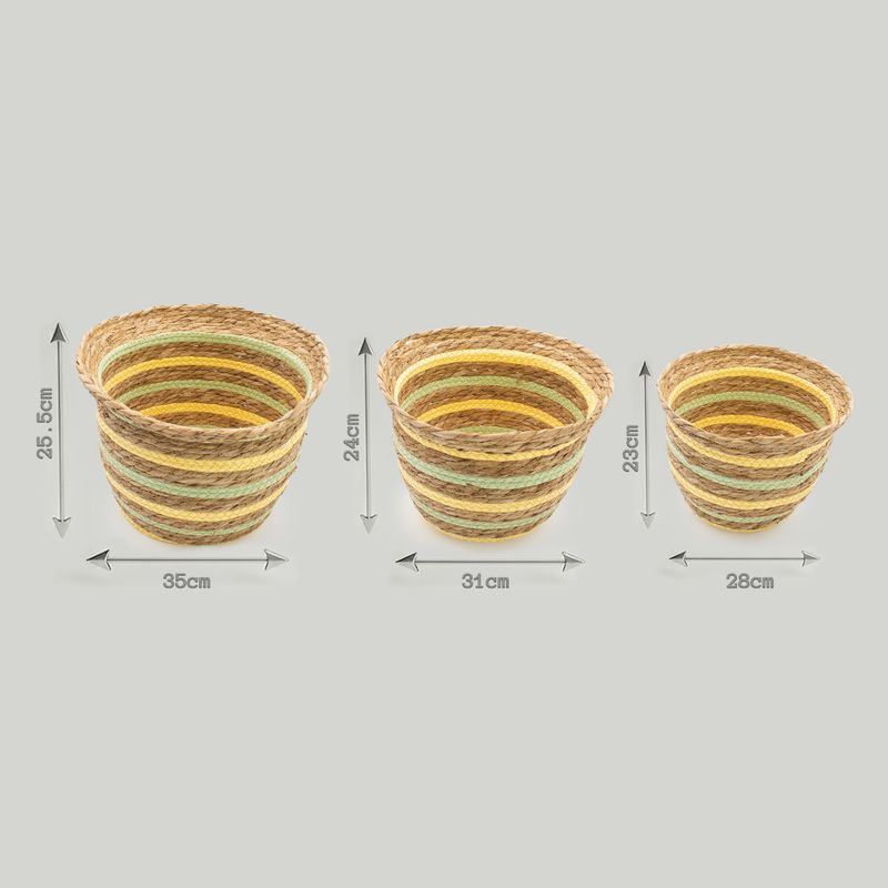 Paniers en herbe de mer et en paille en forme de vase - Jaune et vert naturels - Ensemble de 3