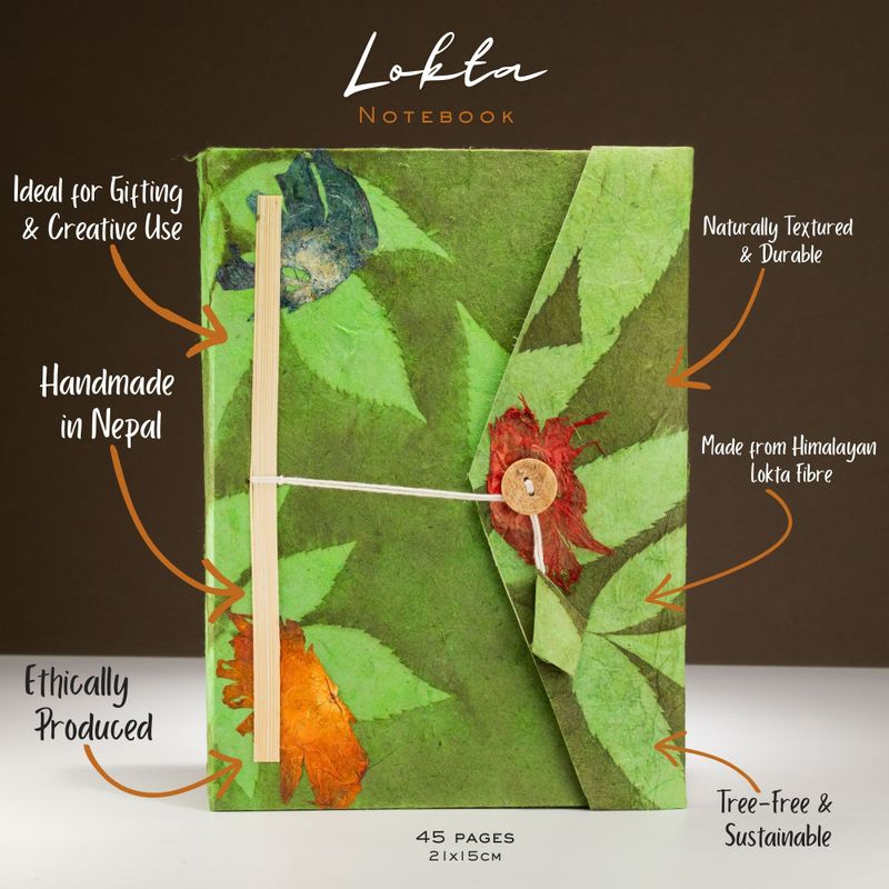 Grand Carnet Lokta en Papier Bold Floral – Vert Mousse – avec Marque-page