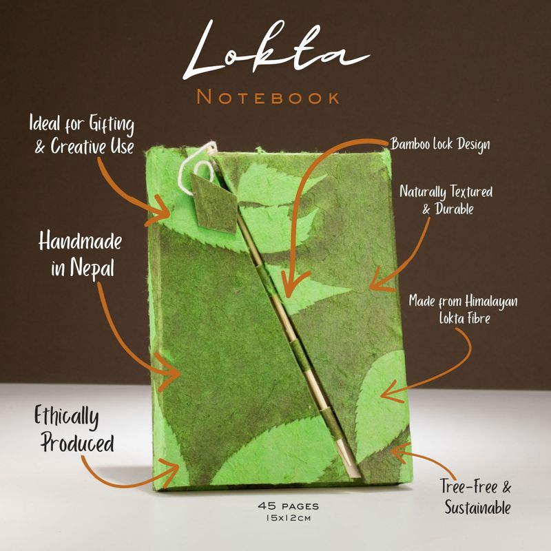 Carnet Moyen Lokta en Papier Bold Floral avec Fermeture Bambou – Vert Mousse