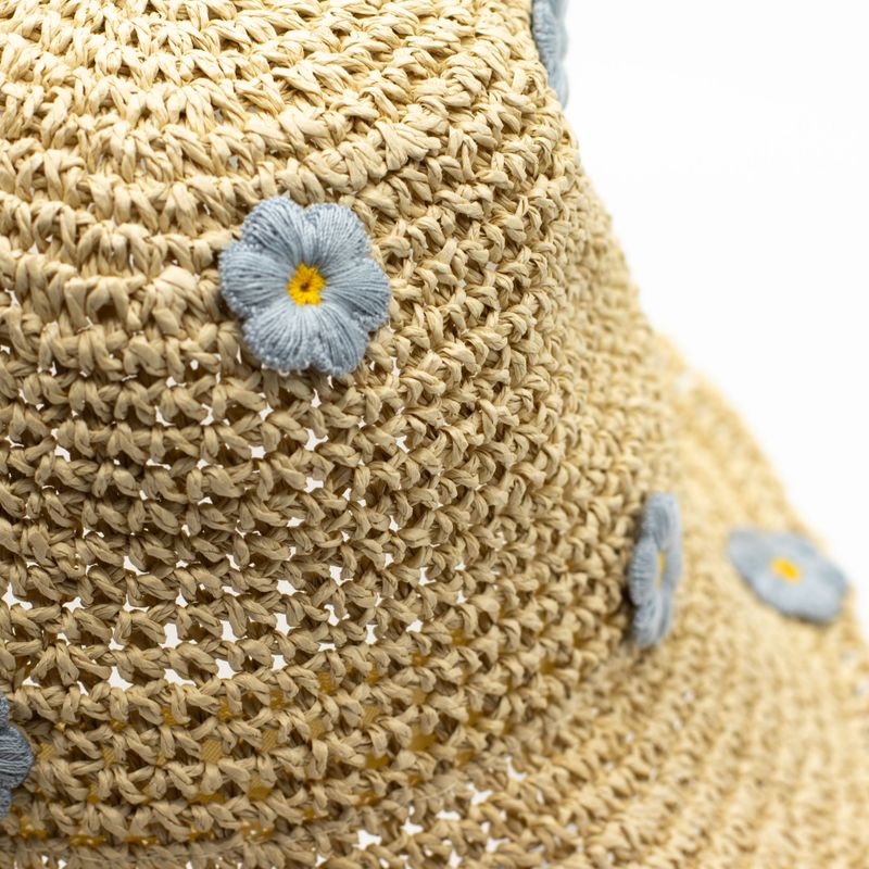Chapeau De Soleil En Paille – Beige Et Fleurs Bleues