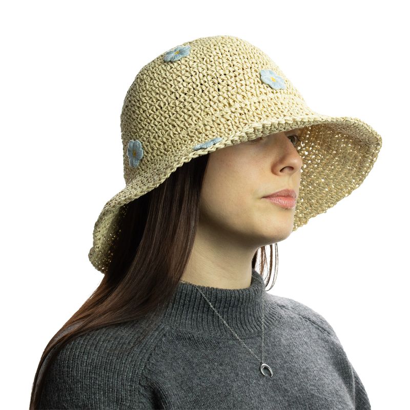 Chapeau De Soleil En Paille – Beige Et Fleurs Bleues