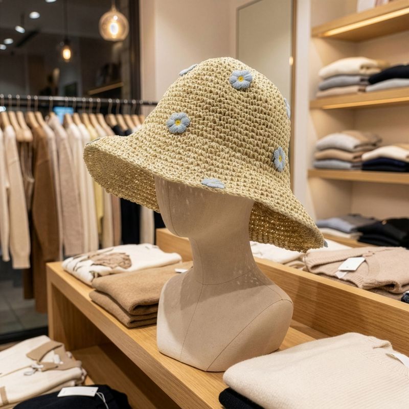 Chapeau De Soleil En Paille – Beige Et Fleurs Bleues