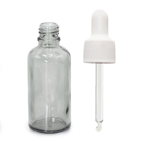 Flacon Compte-Gouttes en Verre Gris Fumé de 50 ml avec Pipette Blanche