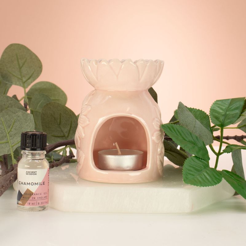 Brûleur d'huile en céramique au motif tournesol - rose pastel