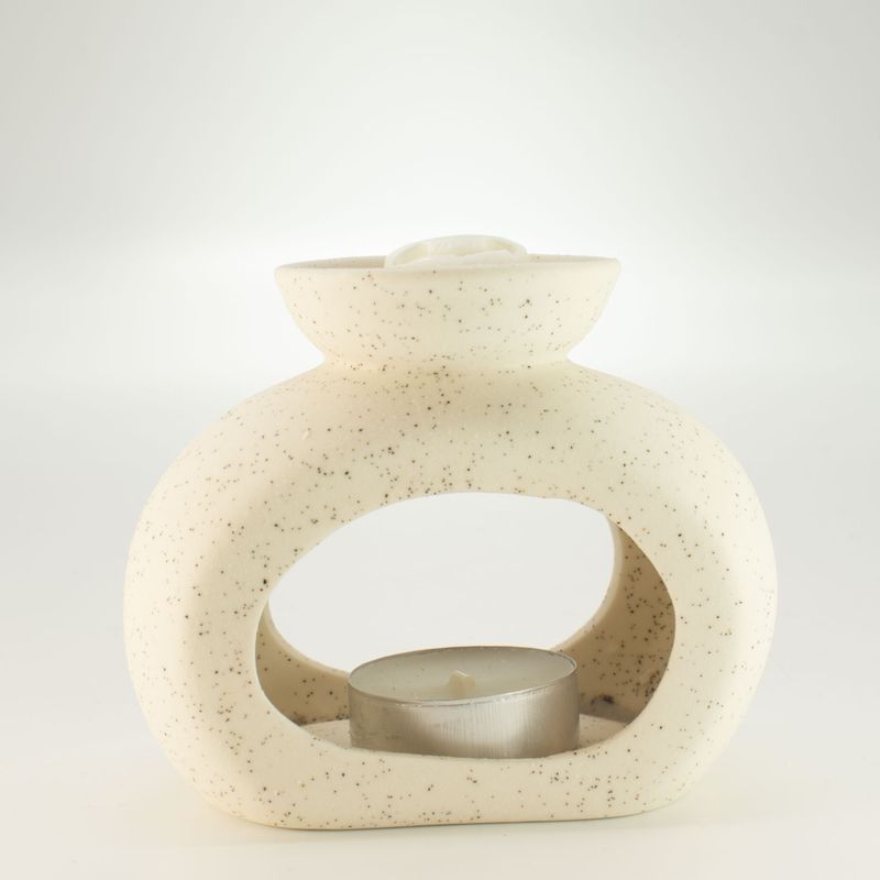 Brûleur d'huile en céramique zen - galet ovale - blanc cassé moucheté