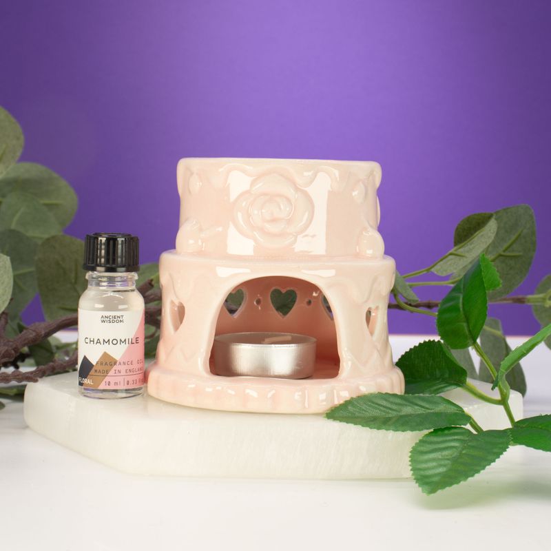 Brûleur d'huile en céramique en forme de gâteau - Cœurs - Rose