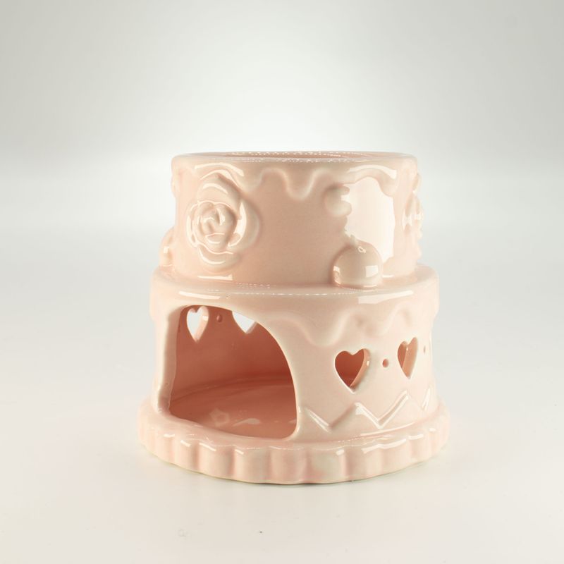 Brûleur d'huile en céramique en forme de gâteau - Cœurs - Rose
