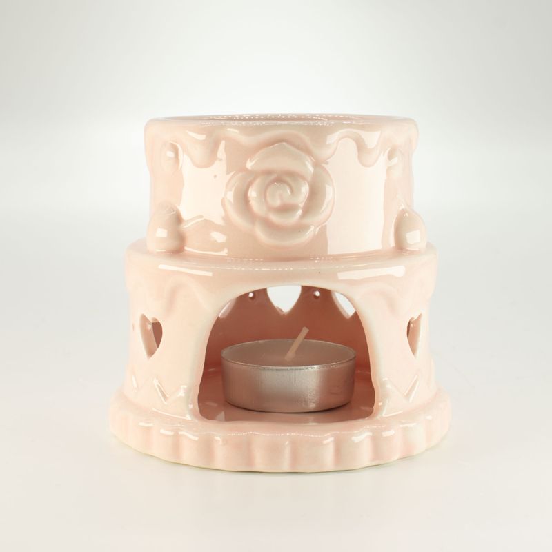 Brûleur d'huile en céramique en forme de gâteau - Cœurs - Rose