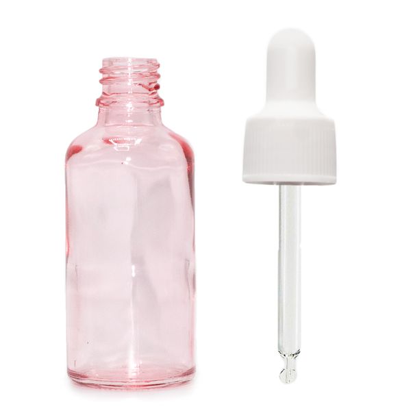 Bouteille Compte-Gouttes en Verre Rose 50ml - Avec Pipette Blanche