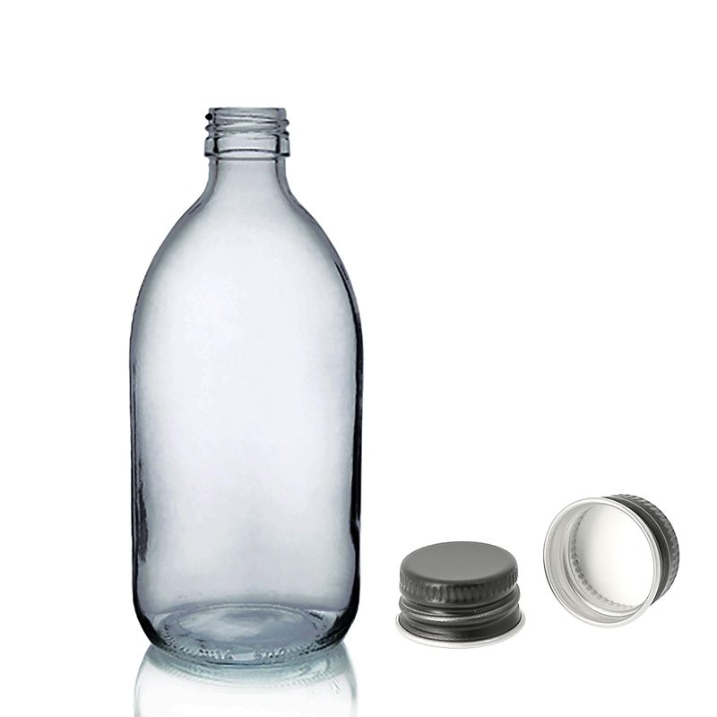 Bouteille Médicinale en Verre Gris Fumé de 250ml avec Bouchon Noir en Aluminium