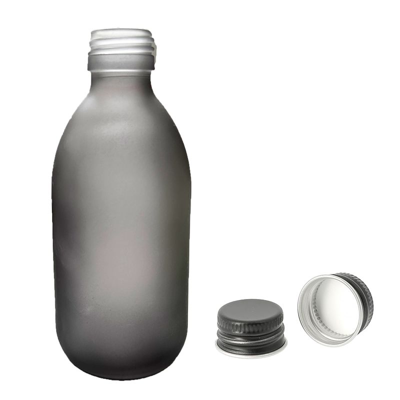Bouteille Médicinale en Verre Gris Givré de 300 ml avec Bouchon Noir en Aluminium