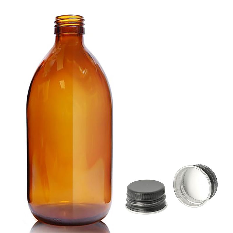 Bouteille Médicinale en Verre Ambré de 500 ml avec Bouchon Noir en Aluminium