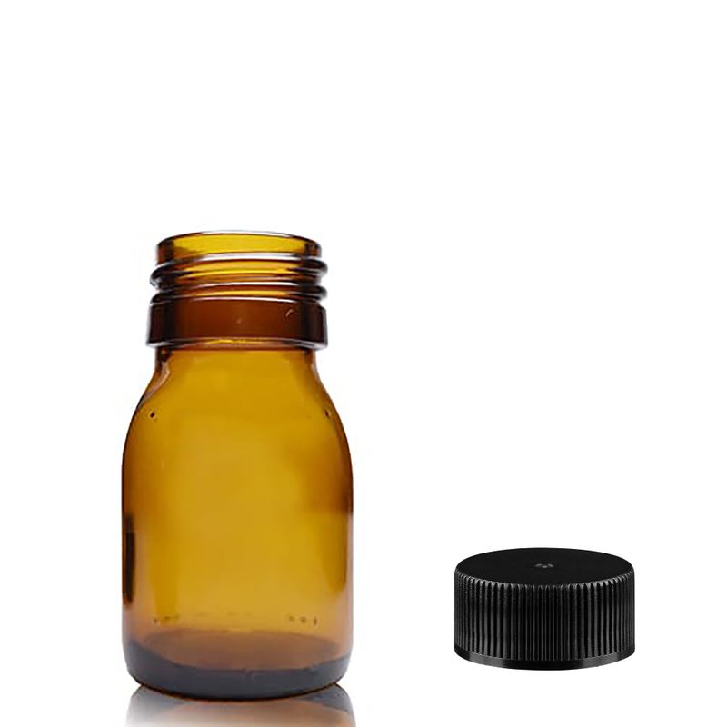 Bouteille Médicinale en Verre Ambré de 30 ml avec Bouchon en Plastique Noir