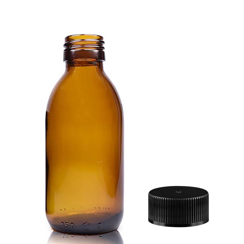 Bouteille Médicinale en Verre Ambré de 150 ml avec Bouchon en Plastique Noir