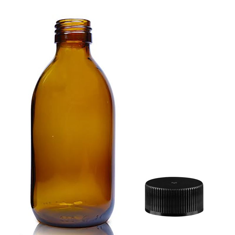 Bouteille Médicinale en Verre Ambré de 250 ml avec Bouchon en Plastique Noir