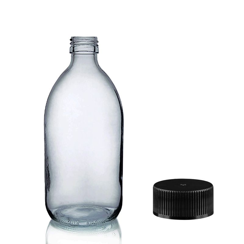 Bouteille Médicinale en Verre Gris Fumé de 250ml avec Bouchon en Plastique Noir