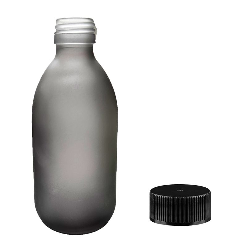 Bouteille Médicinale en Verre Gris Givré de 300 ml avec Bouchon en Plastique Noir