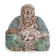 Statue de Bouddha Sculptée à la Main - Menthe Bleue Vintage - 30 cm - Happy Bouddha - Bois Fissuré