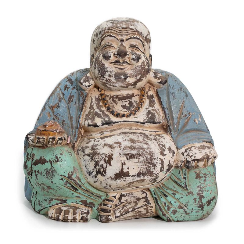Statue de Bouddha Sculptée à la Main - Menthe Bleue Vintage - 30 cm - Happy Bouddha - Bois Fissuré