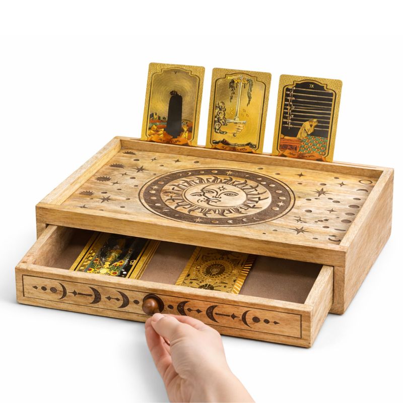Boîte de Tarot Gravée Soleil et Lune avec Tiroir