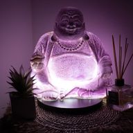 Lampe Bouddha Rieur – Lavande Craquelée – Socle Rond