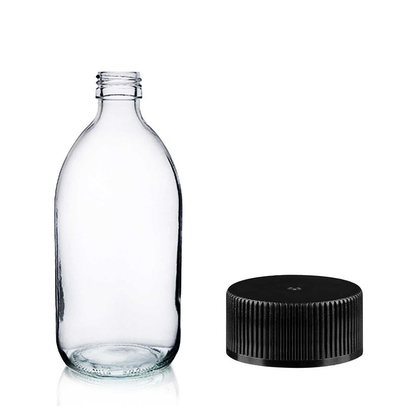 Bouteille en Verre Médicinale Transparente de 150 ml avec Bouchon en Plastique Noir