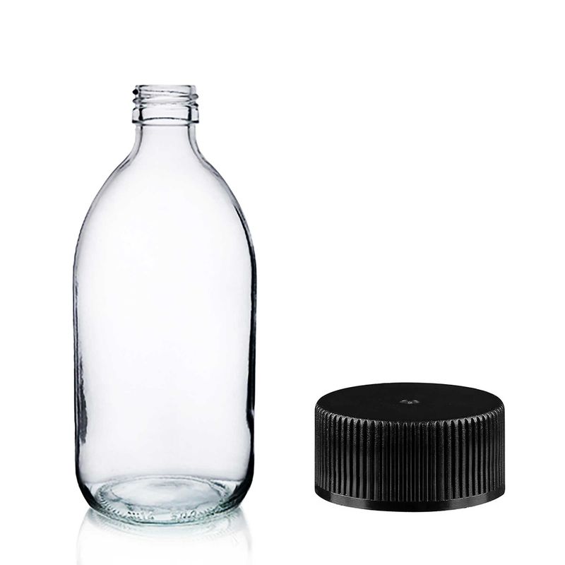 Bouteille en Verre Médicinale Transparente de 200 ml avec Bouchon en Plastique Noir