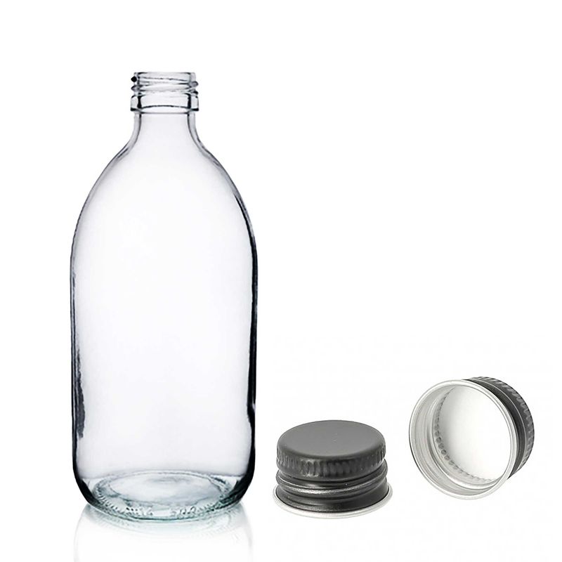 Bouteille en Verre Médicinale Transparente de 300 ml avec Bouchon en Aluminium Noir