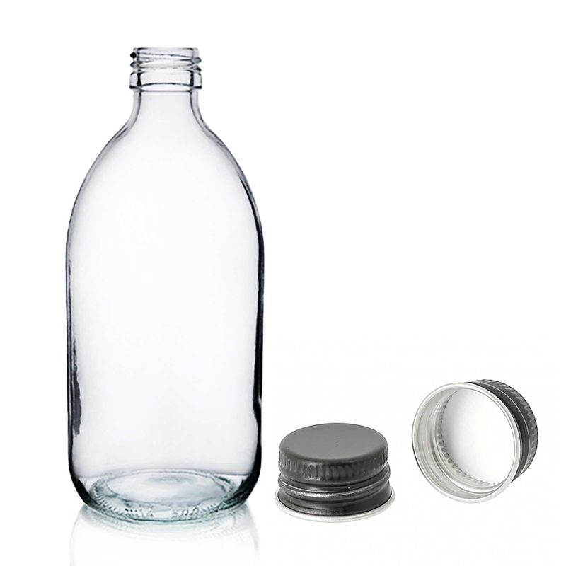Bouteille en Verre Médicinale Transparente de 500 ml avec Bouchon en Aluminium Noir