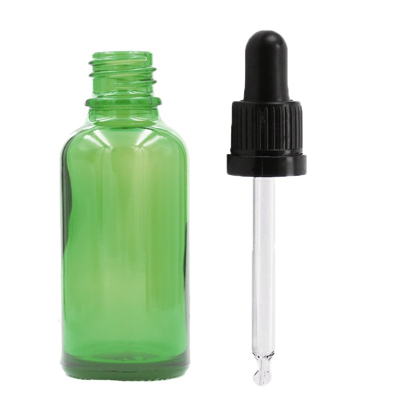 Bouteille Compte-gouttes en Verre Vert de 50ml avec Pipette T/E Noire