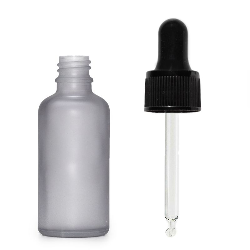 Flacon Compte-Gouttes en Verre Gris Givré 30ml - Avec Pipette Noire