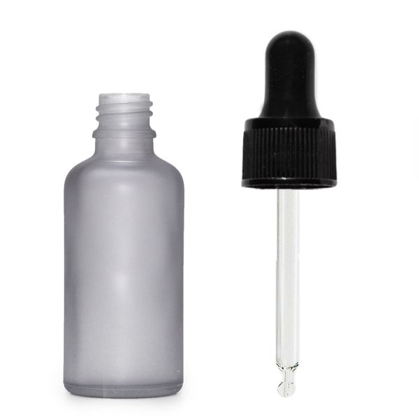 Flacon Compte-Gouttes en Verre Gris Givré 30ml - Avec Pipette Noire