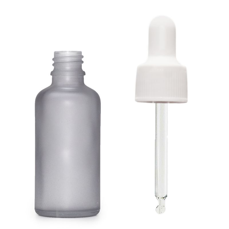 Flacon Compte-Gouttes en Verre Gris Givré 30ml  - Avec Pipette Blanche