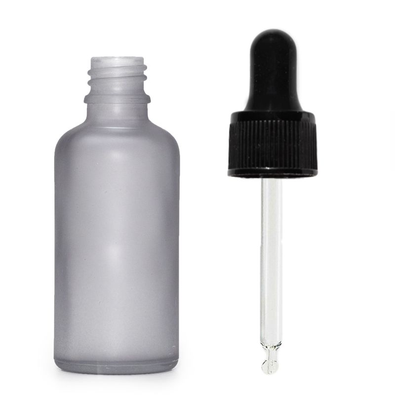 Flacon Compte-Gouttes en Verre Gris Givré 50ml - Avec Pipette Noire