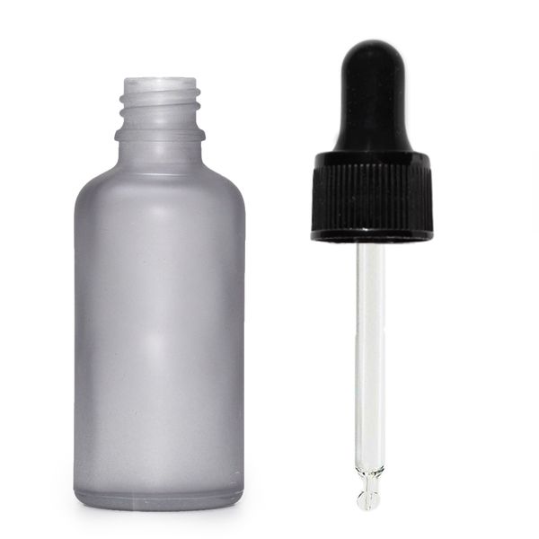 Flacon Compte-Gouttes en Verre Gris Givré 50ml - Avec Pipette Noire