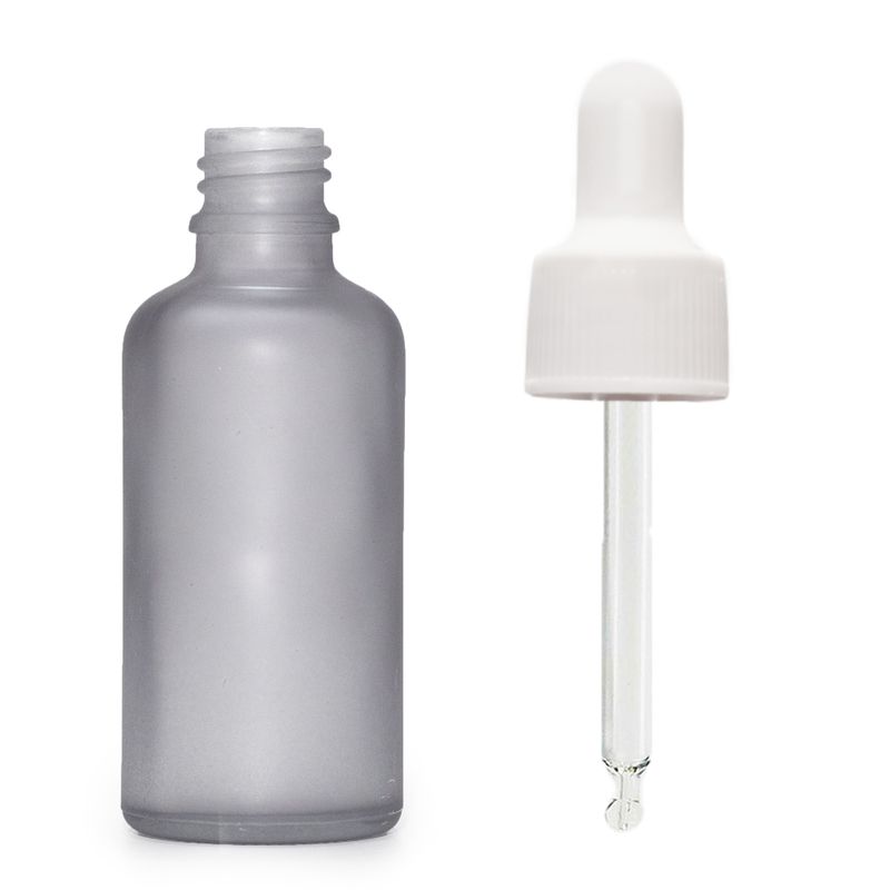 Flacon Compte-Gouttes en Verre Gris Givré 50ml  - Avec Pipette Blanche