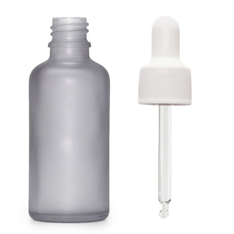 Flacon Compte-Gouttes en Verre Gris Givré 100ml  - Avec Pipette Blanche