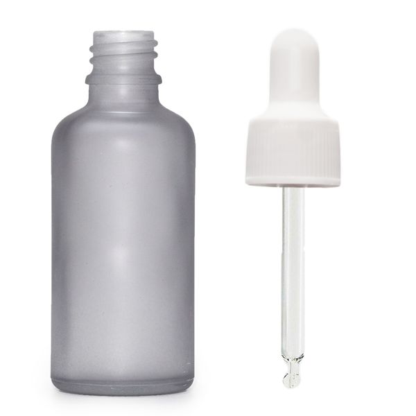 Flacon Compte-Gouttes en Verre Gris Givré 100ml - Avec Pipette Blanche
