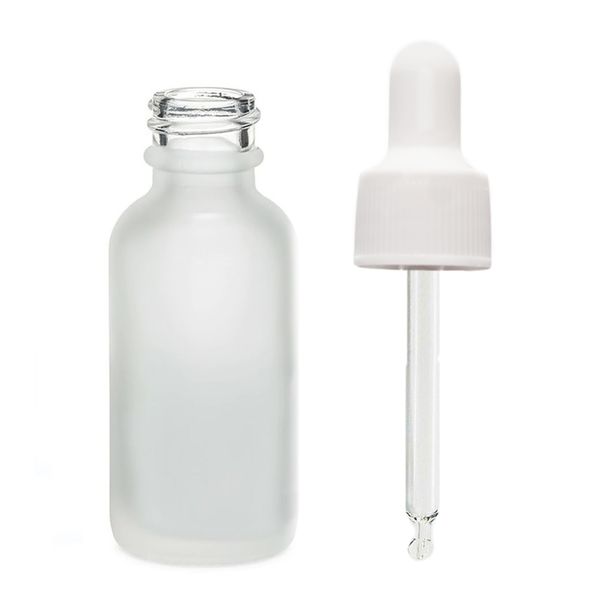Flacon Compte-Gouttes en Verre Blanc Givré 50ml - Avec Pipette Blanche