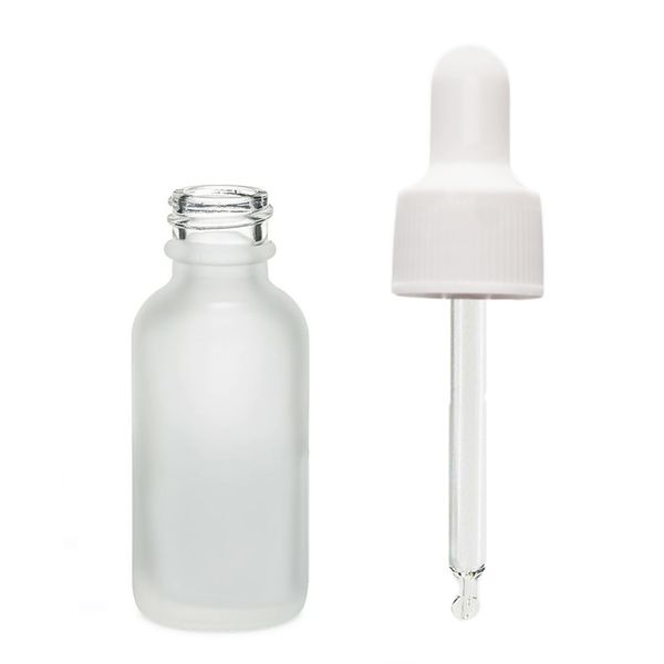Flacon Compte-Gouttes en Verre Blanc Givré 10ml - Avec Pipette Blanche