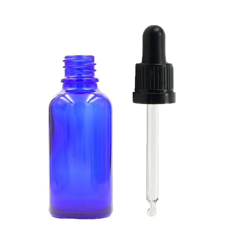 Bouteille Compte-gouttes en Verre Bleu de 15ml avec Pipette T/E Noire