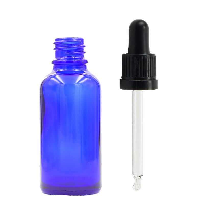 Bouteille Compte-gouttes en Verre Bleu de 30ml avec Pipette T/E Noire