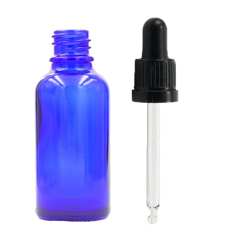 Bouteille Compte-gouttes en Verre Bleu de 50ml avec Pipette T/E Noire