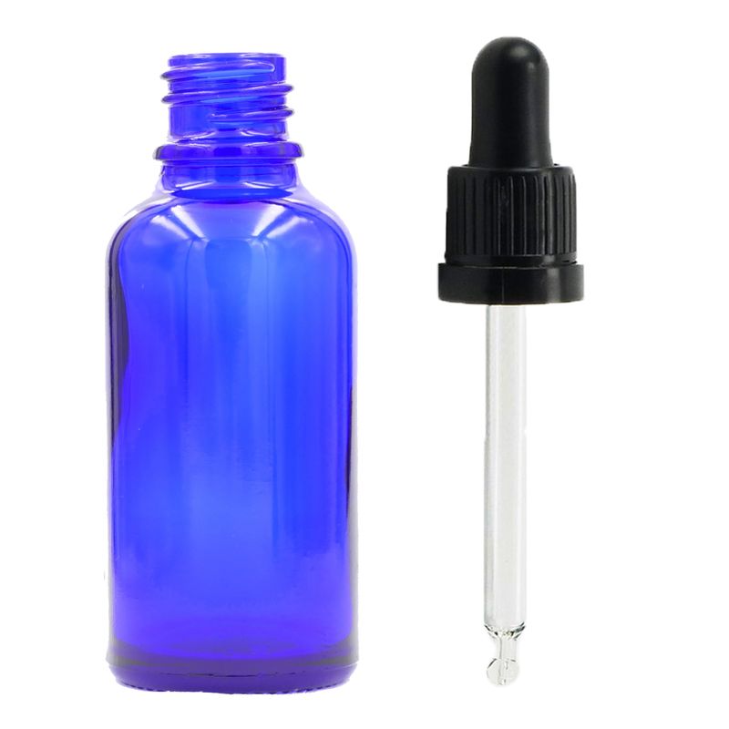 Bouteille Compte-gouttes en Verre Bleu de 100ml avec Pipette T/E Noire
