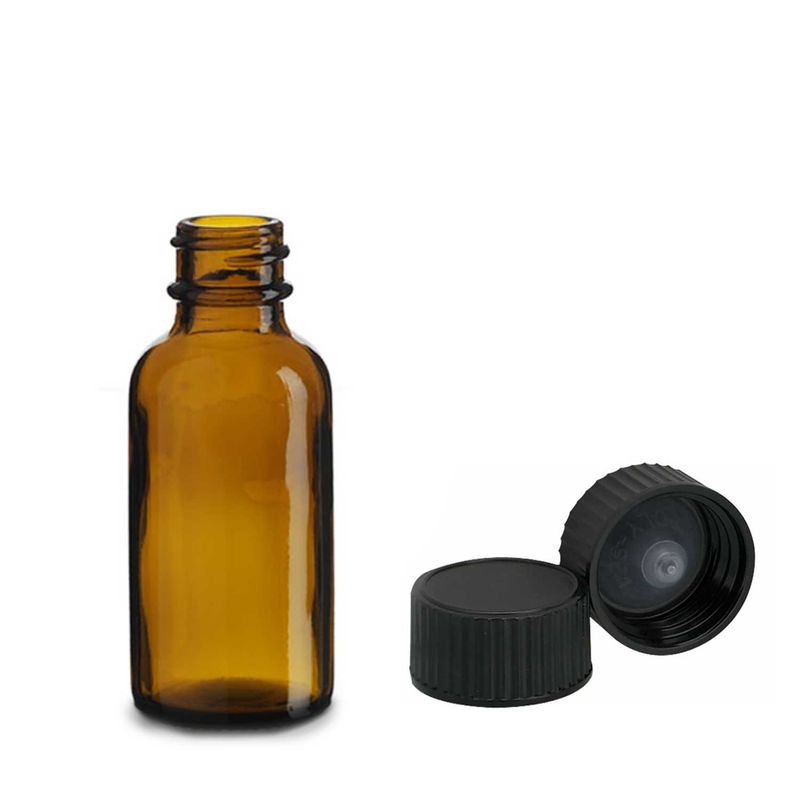 Bouteille Boston en Verre Ambré de 30 ml avec Bouchon en Plastique Noir