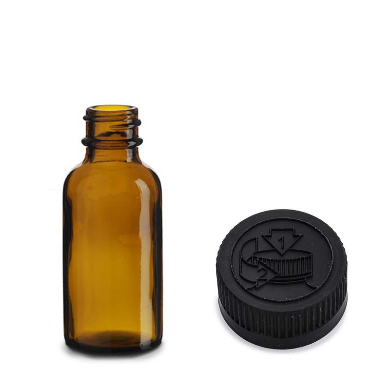 Bouteille Boston en Verre Ambré de 30 ml avec Bouchon en Plastique Noir Inviolable