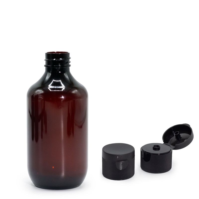 Bouteille Boston en Plastique Ambré de 250 ml avec Bouchon Basculant de 28 mm.