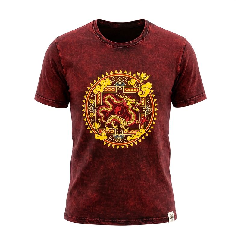 T-shirt Nomad Sari en coton Délavé- Dragon Mandala - Bordeaux - Petit