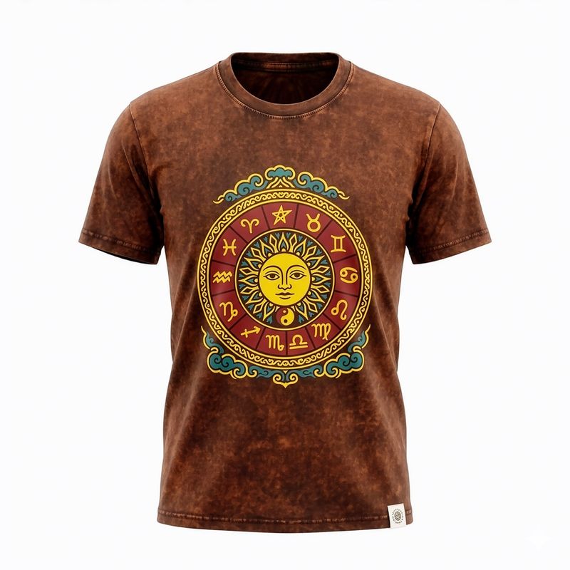 T-shirt Nomad Sari  en coton Délavé- Soleil et Zodiaque - Marron - Petit