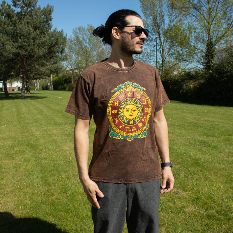 T-shirt Nomad Sari  en coton Délavé- Soleil et Zodiaque - Marron - Petit